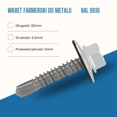 Wkręt farmerski do metalu 5,5x32 mm przewiercalność 5 mm w kolorze RAL 9010